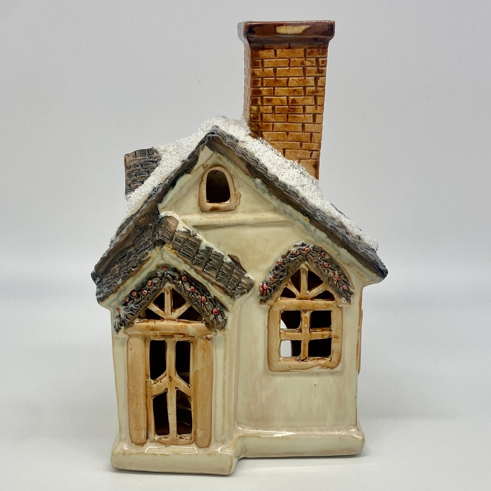 Christmas Winter Ceramic Pottery Tea Light Candle Holder House Village Cottage