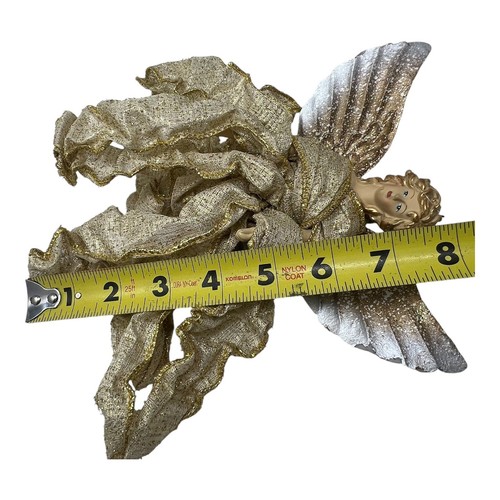 Set of 4 Angel Ornaments: 8” Porcelain Faces, Metal Wings, Gold Lame’ Ribbon - Picture 3 of 5