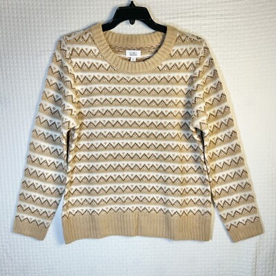 Croft & Barrow Sweater Womens Large Fair Isle Striped Flower Tan Pink Cream NEW