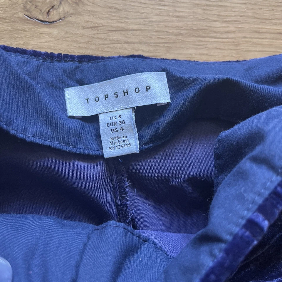Pantalones cortos Topshop azul marino de terciopelo aplastado tiro alto con cinturón para mujer talla 4 elegante glamour Foto 4 de 4