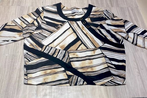 Alfred Dunner PXL 3/4 Sleeve Top Geometric Stripe Pattern Brown White