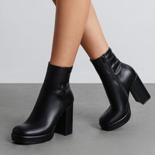 Women Fashion High Chunky Heel Ankle Boots Round Toe Side Zipper Boots