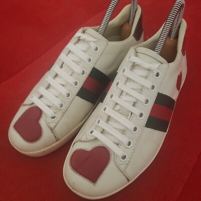 Authentic GUCCI White Leather Ace Heart Embroidered Web Low Top Sneakers 36/6