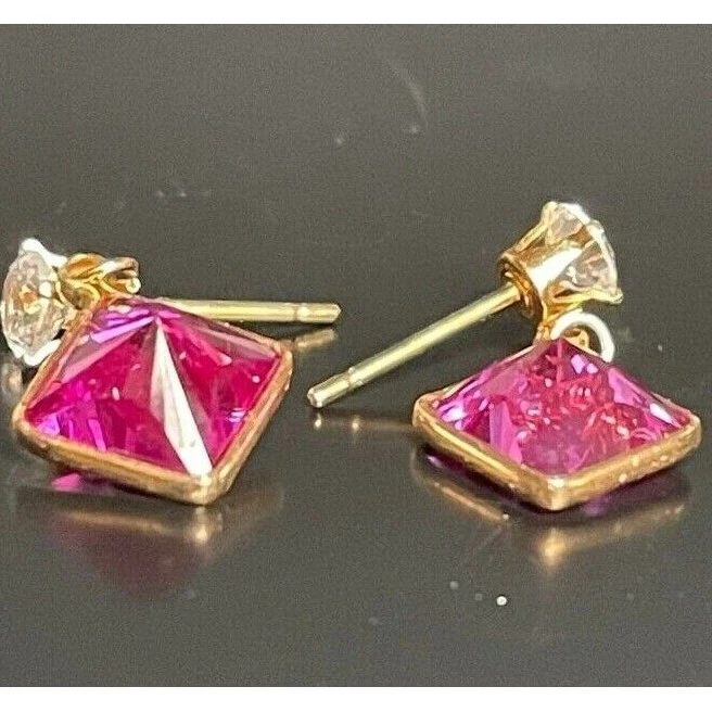 PENDIENTES CIELO ORO AMARILLO 14K ZAFIRO ROSA Y DIAMONIQUE CIRCONITA TALLADO EN LABORATORIO Foto 4 de 4