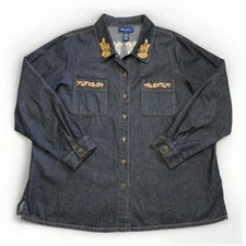 Denim & Co Shirt 2X Embroidered Floral Dark Indigo Denim Button Up Pockets Top
