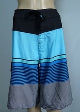 BURNSIDE Men's blue/green/black striped swim board shorts, size 34