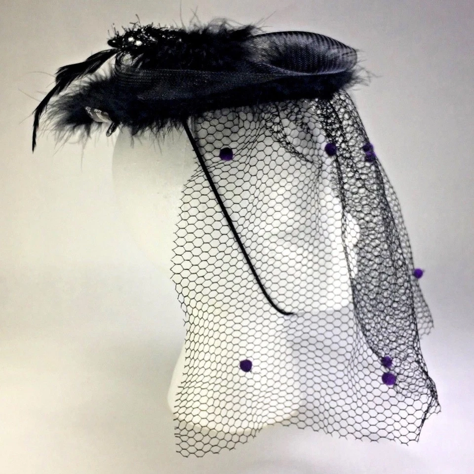 Black Cat With Feathers Fascinator Headpiece Veil Gothic Costume Accessory - Image 3 of 4