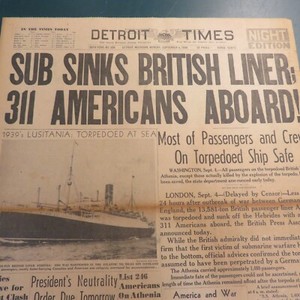 SUB SINKS BRITISH LINER ATHENIA  SEPTMEBER 4 1939 NEWSPAPER