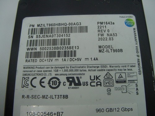 2.5" INTERNAL SSD SAS HARD DRIVE - SAMSUNG PM1643a MZ-ILT960B 960GB/12Gbps - Afbeelding 2 van 4
