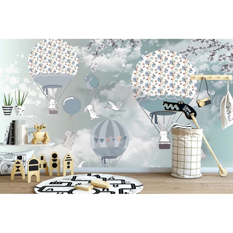 Cartoon Rabbit Hot Air Balloon Blossom Wallpaper Green H98" x W150
