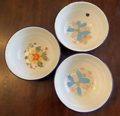 Vtg Midcentury Golden Rhinoceros Enamelware Bowls Floral Shabby Chic Farmhouse