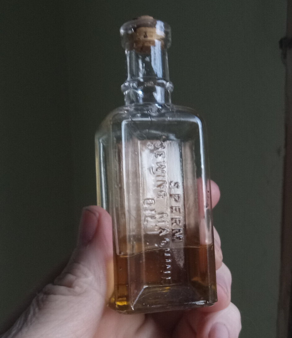 1880s SPERM SEWING MACHINE OIL EMB &LABEL BOTTLE WITH SPERM WHALE OIL