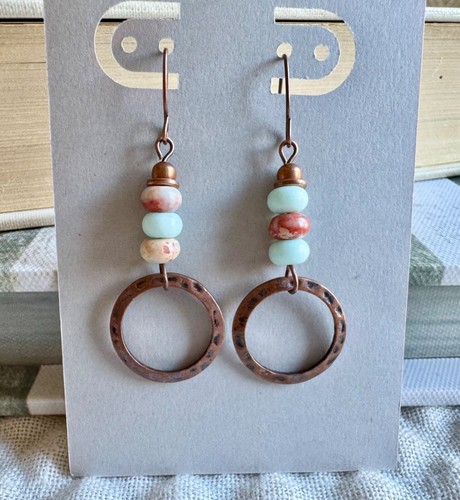 New Natural Blue Agate & Crazy Lace Agate Beads & Copper Circle Earrings - 2” - Picture 4 of 4