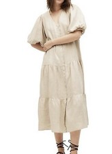 Mango Women's Puff Sleeve 100%  Linen Beige Midi Button Down Dress Sz XS Casual