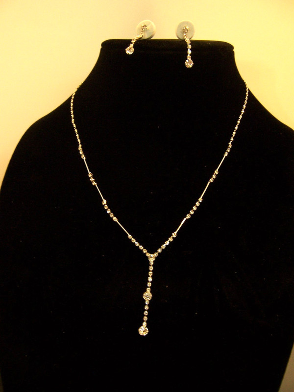 Wedding Necklace Set Silver Tone Y Shaped Rhinestone Crystal Necklace & Earrings