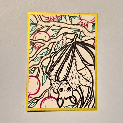 Miniature Art Card, Bat Illustration, Collectible Original ACEO, Signed.