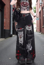 Women?s American Style Punk Retro Washed Denim Pants, Loose Fit Casual Streetwea