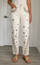 Chico's So Slimming Girlfriend Slim Leg Jeans Sea Salt Embellished Size 10R