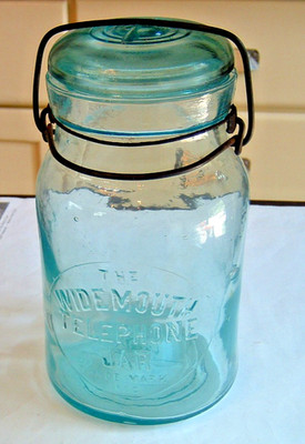 Antique Aqua Wide Mouth Telephone Jar Quart Size,Mfg Whitney Glass Works 1910-18
