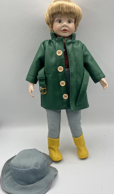Vtg Marian Yu Designs 18  Porcelain Doll Boy Green Raincoat Numbered 1333/2500