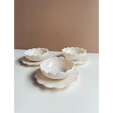 Vintage Set of 3 Milk Glass Cups/Snack Bowls with Saucers | Scalloped & Ribbed 