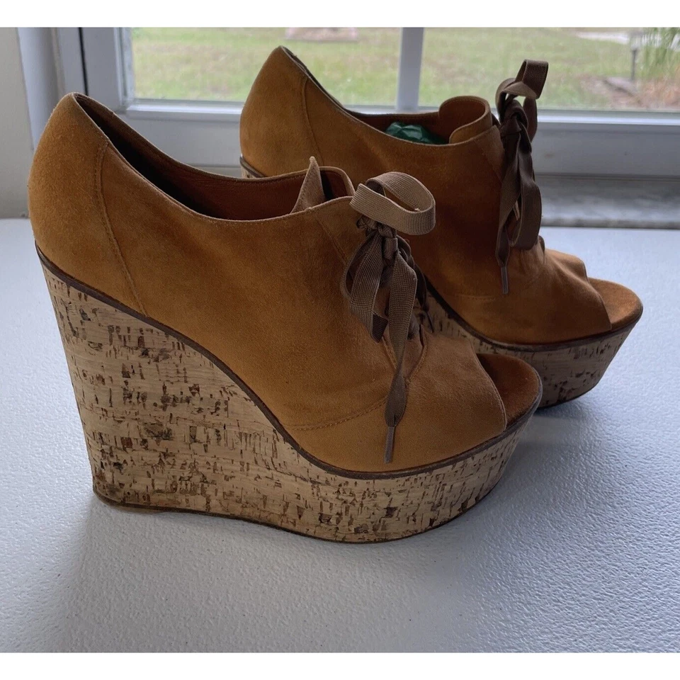 Gianvito Rossi Gamuza Corcho Punta Abierta Zapatos Plataforma Con Cordones Naranja/Beige Mujer 37 Foto 2 de 4