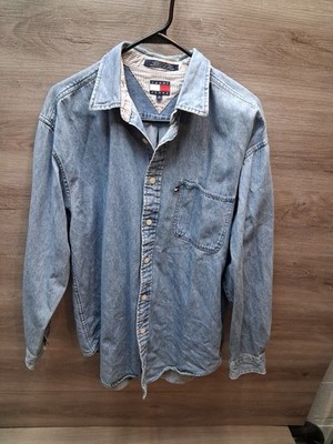 Tommy Hilfiger Denim Shirt Men s Large Light Wash Jean Shirt Long Sleeves 90s