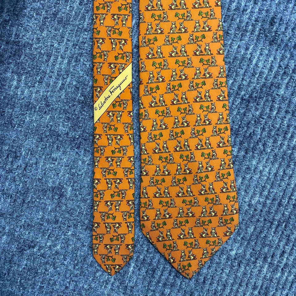 Corbata Salvatore Ferragamo Naranja Búho Rama Geométrica Seda Corbata Hecha en Italia Foto 2 de 4