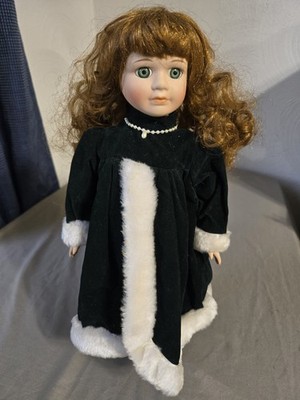 1990s 13'' Victorian Porcelain Holiday Doll Collection Green Velvet Dress 