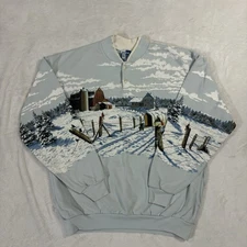 Vintage Nature Sweatshirt Winter Farm Barn All Over Print Sweater Medium/Large