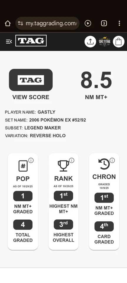 2006 EX LEGEND MAKER #52 GASTLY REVERSE Holo TAG 8.5 *Beautifully Centered* - Image 2 of 4