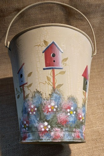 Hand Painted Birdhouse On Metal Bucket Country Farmhouse Spring Decor Folk Art  - Picture 1 of 11