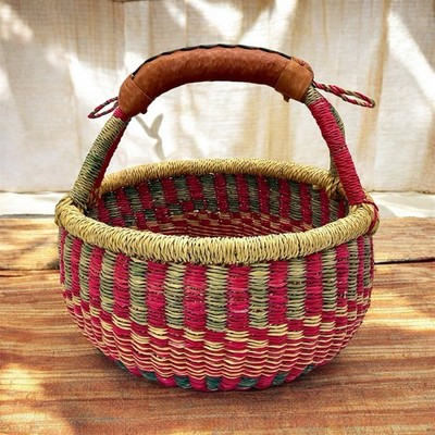  Bolga Market Basket Large Handwoven Ghana Africa Colorful Leather Handle 