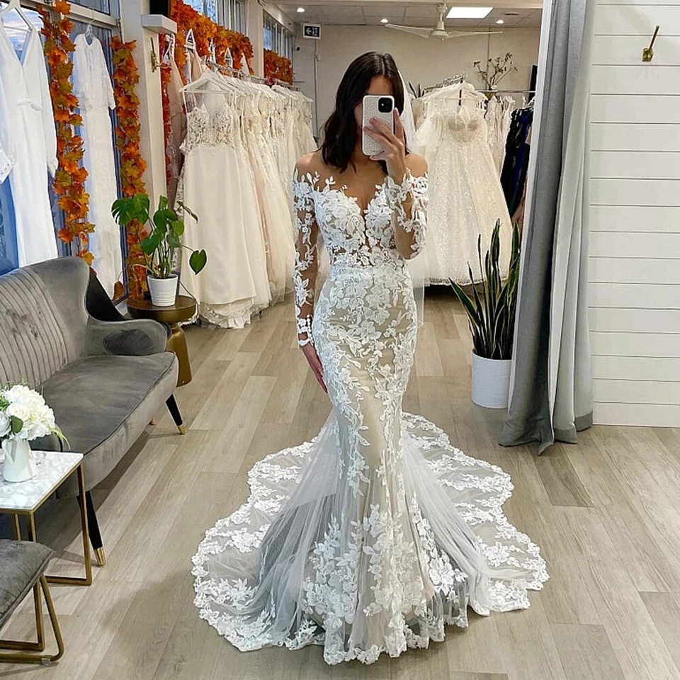 Sexy Vestidos de Boda Sirena Hombro Descubierto Mangas Largas Encaje Apliques Vestido de Novia Foto 2 de 4