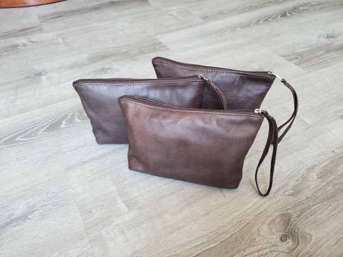 Brown Leather Bag, Clutch Wristlet Handbags, Small Cosmetic Bag, Cosmos - Picture 6 of 10