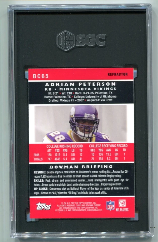 2007 Bowman Chrome Adrian Peterson Refractor RC #BC65 SGC 9.5 MINT+ - Image 2 of 2