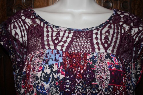 Mauritius Strick Spitze Boho Top Neu mit Etikett Patchwork Druck Periwinkle Pflaume Romantische Schaukel M - Bild 4 von 7