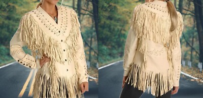 Native Women American Western Women's Cow Leather Jacket with Fringe and Bone