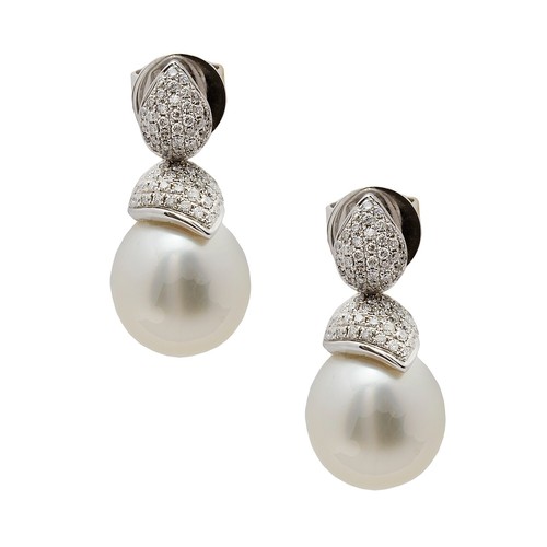 14k White Gold Diamond Pearl Drop Earrings 0.50ct TDW - Picture 2 of 2