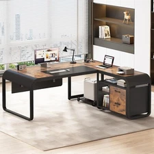 63" L Shaped Computer Desk, Executive Desk with File Cabinet and Storage Shelves