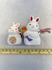 2 JAPANESE CLAY BELL DOREI CERAMIC Rabbits ANIMALS