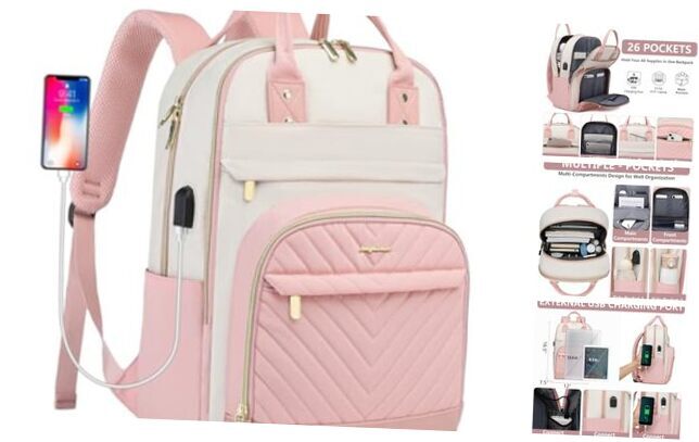 Fashionable Beige Pink 15.6 Inch Laptop Backpack for Women Work and Travel-image