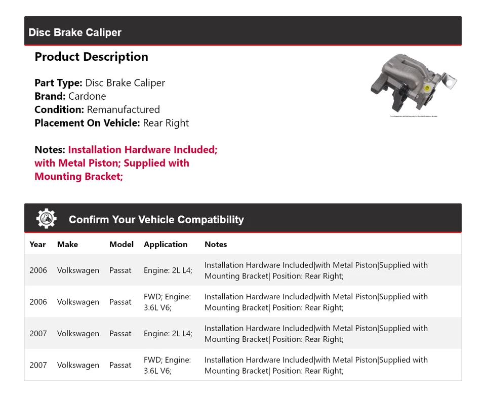 Pinza de freno de disco trasera derecha cardone para Volkswagen Passat 2006-2007 Foto 2 de 4