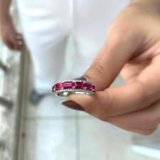 14k White Gold Plated Silver 3.34Ct Emerald Simulated Ruby Eternity Women's Ring