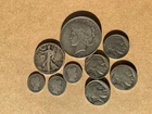 9) US Coins, 1) Peace dollar, Walking Liberty half, 3 Barber Dimes, 4 Buffalo 5c