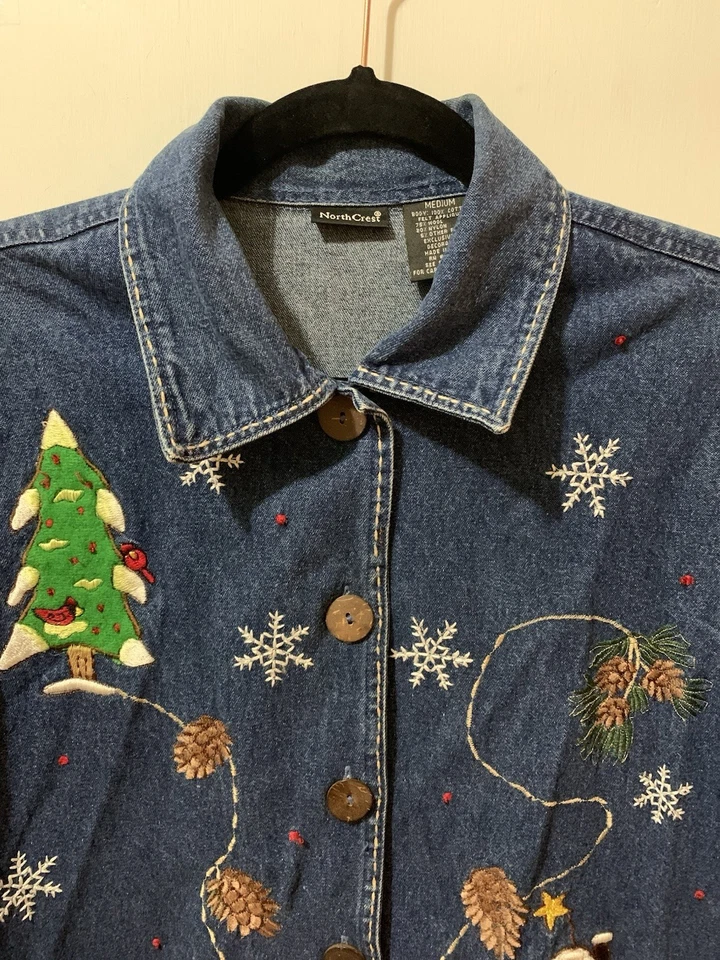 Camisa Denim NorthCrest Vintage Para Mujer Talla Mediana Bordada Navidad Pájaros Foto 2 de 4