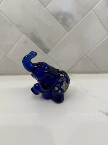 Fenton Glass Elephant Figurine, Hand-Painted Florals, Artist Signed Fenton