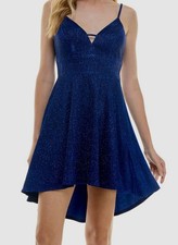 City Studios Juniors' Blue Plunge-Neck High-Low Skater Hem Dress Size 3/4