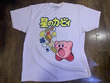 Kirby Mens Pink T-Shirt Size XL-  Kirby Gobbling A Huge Food Pile Under Kanji