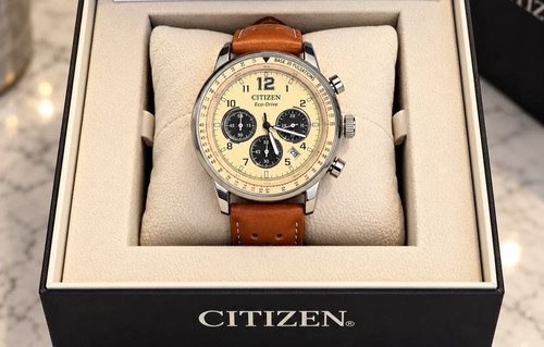 Citizen Men’s Luxury Chronograph Watch Cream Dial Brown Leather Strap Quartz Gif